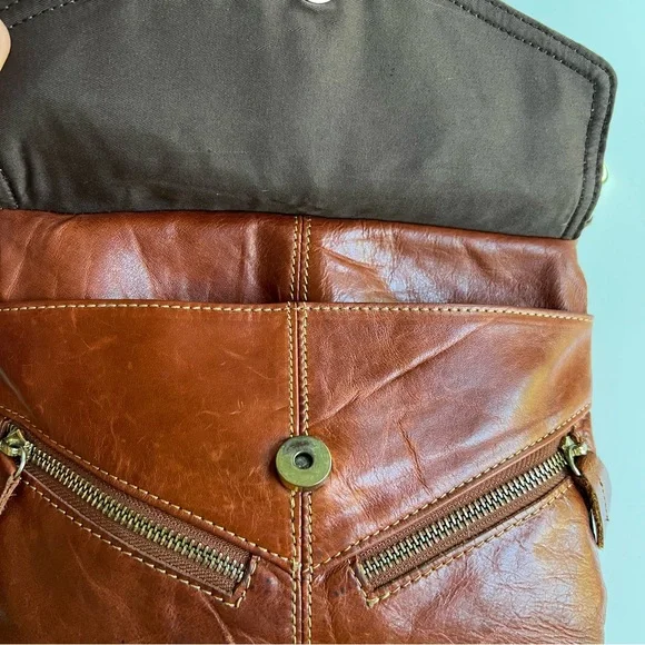 Genuine Leather Cognac Slouchy Hobo Multi Zip/Compartment Crossbody Bag - Picture 5 of 10